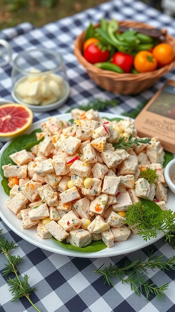 Classic chicken salad served on a platter with various colorful vegetables and garnishes.