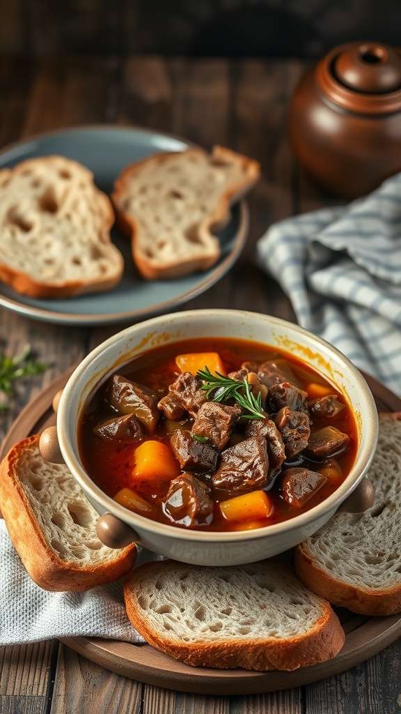 A bowl of hearty beef stew served with slices of fresh bread on the side.