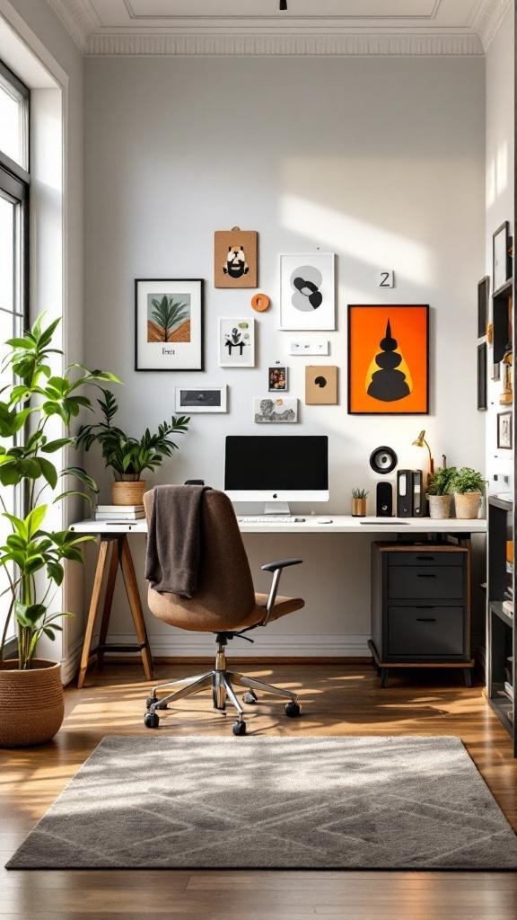 A bright and organized home office with plants, artwork, and a comfortable chair.