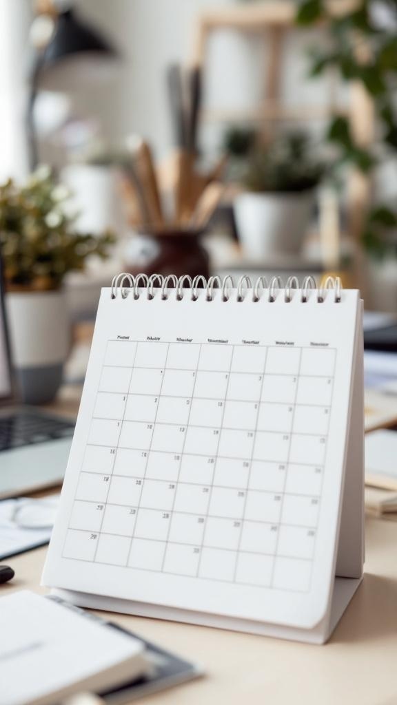 A desk with a calendar and plants, symbolizing organization and productivity in a work from home office.