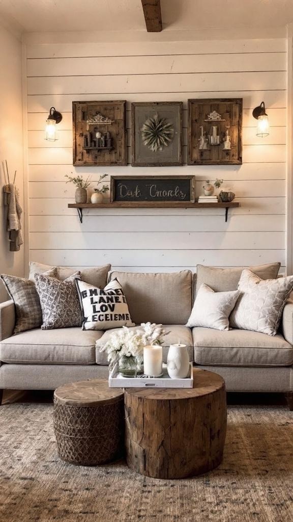 Cozy living room with shiplap accent wall, gray couch, decorative pillows, and plants.