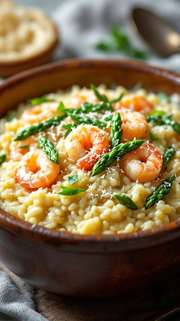 A bowl of shrimp and asparagus risotto topped with parmesan cheese and parsley.