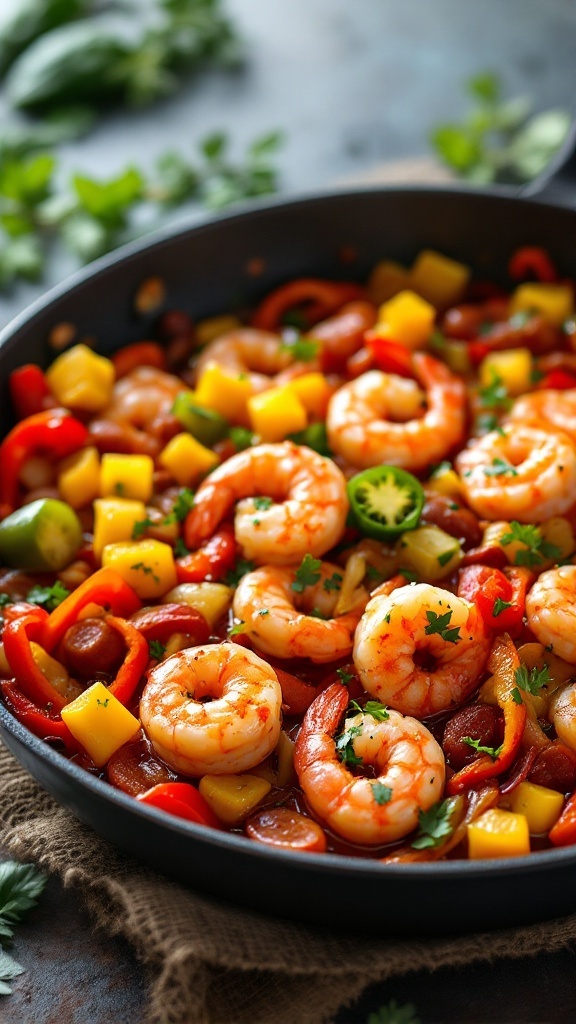 A colorful shrimp and chorizo skillet dish