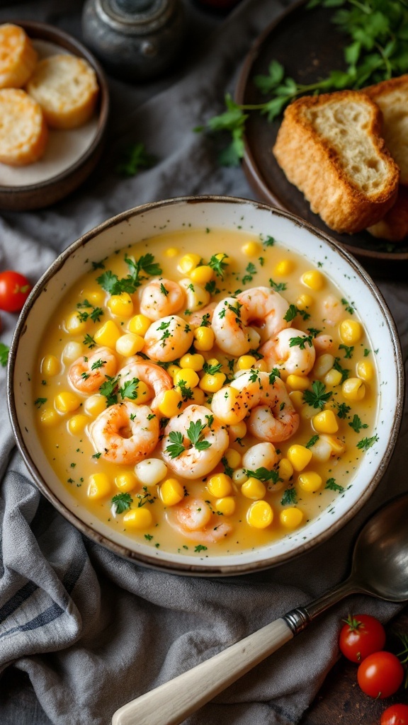 A bowl of shrimp and corn chowder topped with parsley, served with bread.