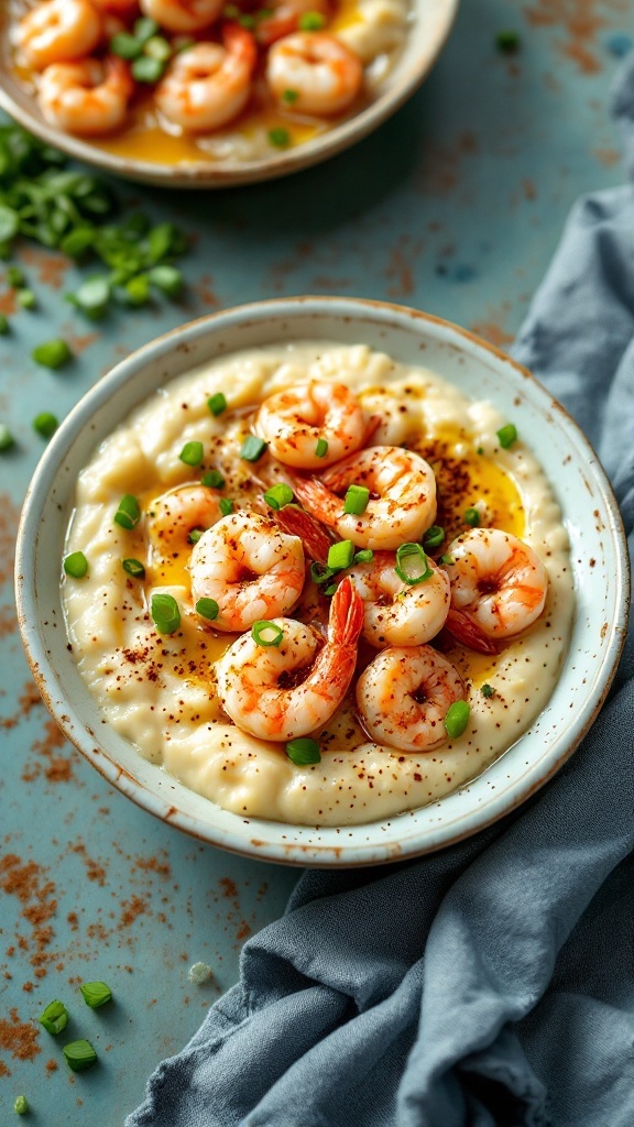 A bowl of shrimp and grits topped with green onions and served on a textured surface.