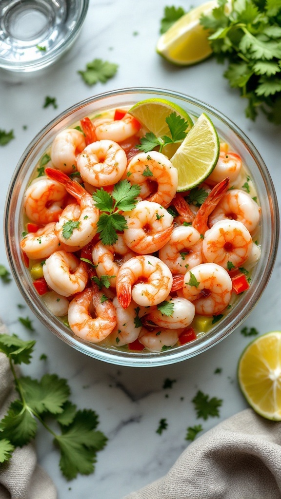 A bowl of shrimp ceviche garnished with lime and cilantro.