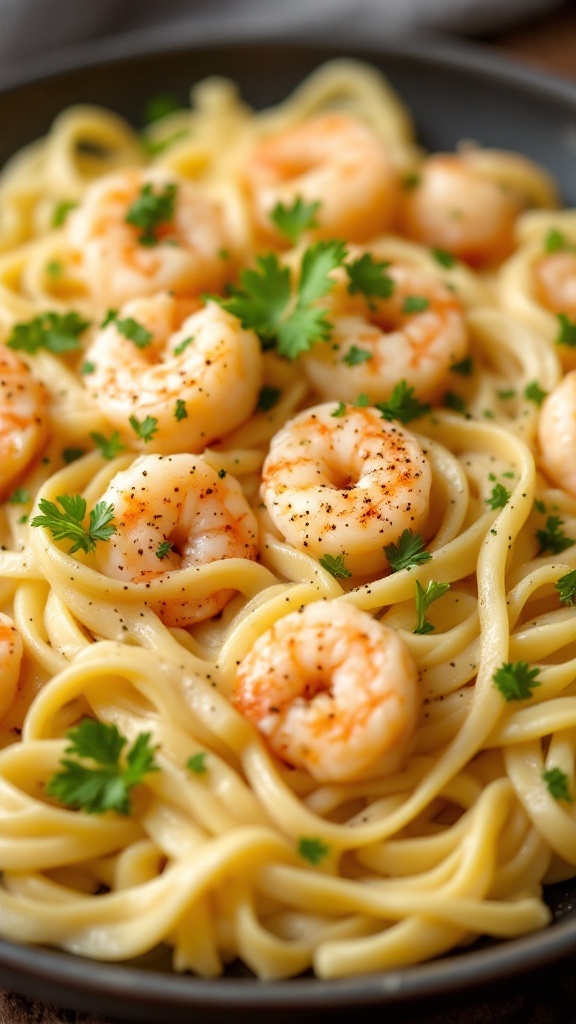 Shrimp Fettuccine Alfredo with herbs