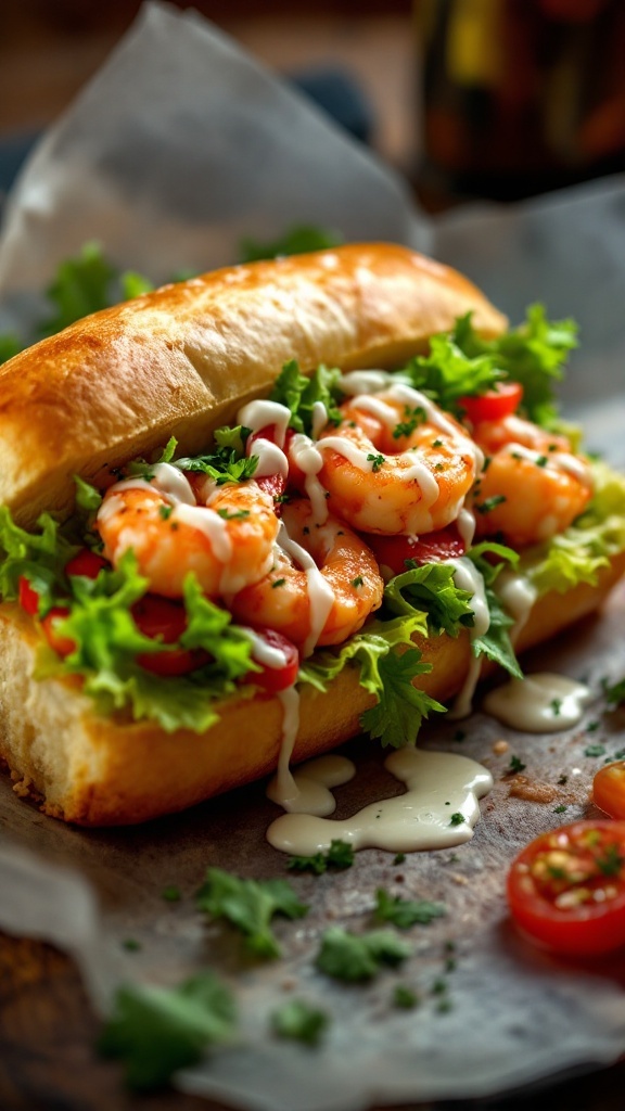 Shrimp Po' Boy Sandwich with lettuce, tomatoes, and sauce on a hoagie roll