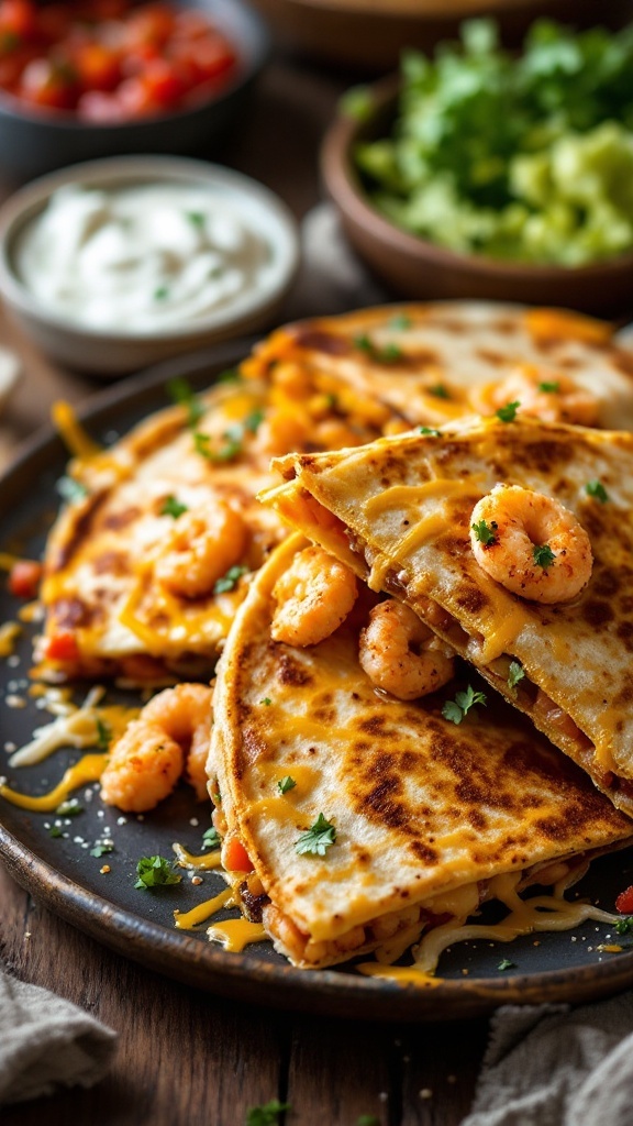 Delicious shrimp quesadillas with cheese on a plate.