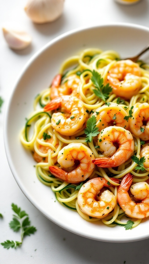 A bowl of shrimp scampi with zucchini noodles topped with parsley.