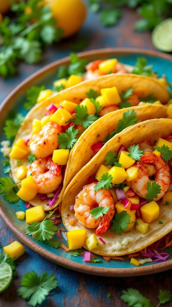 Delicious shrimp tacos topped with mango salsa, served on a vibrant plate.