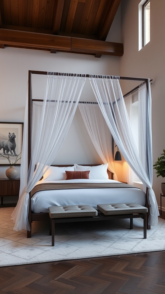 A minimalist bedroom featuring a simple wooden canopy bed with white drapes and soft linens.