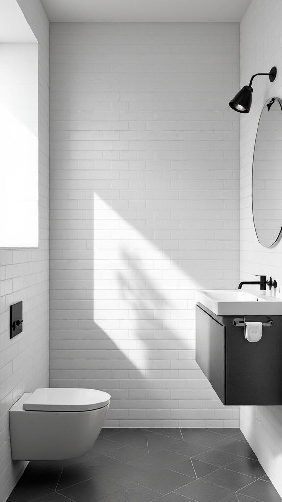 Minimalist bathroom featuring geometric designs with white tiles, dark flooring, round mirror, and angular light fixture.