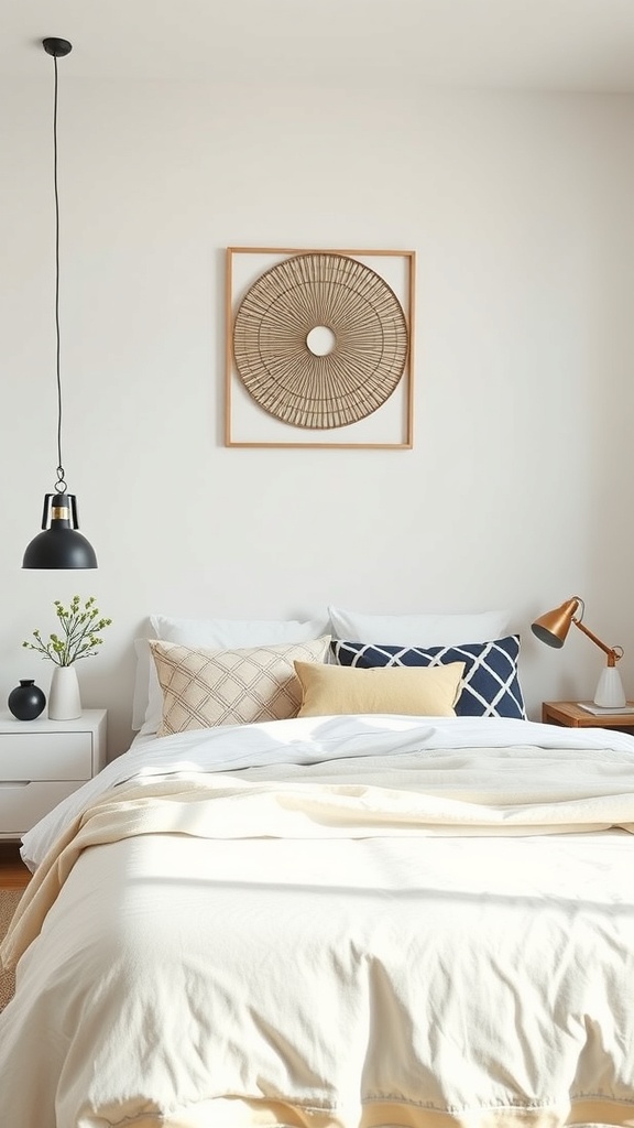 Minimalist bedroom with geometric patterned bedding and a cozy atmosphere