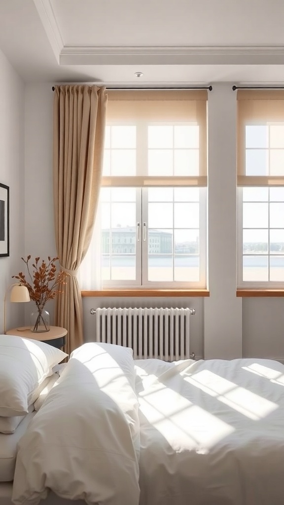 A minimalist bedroom featuring soft curtains and light shades on the windows, with a cozy bed and warm wooden accents.