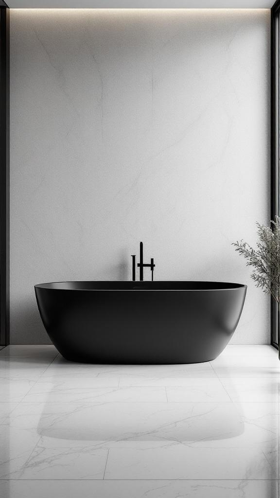 A sleek black bathtub in a modern bathroom setting