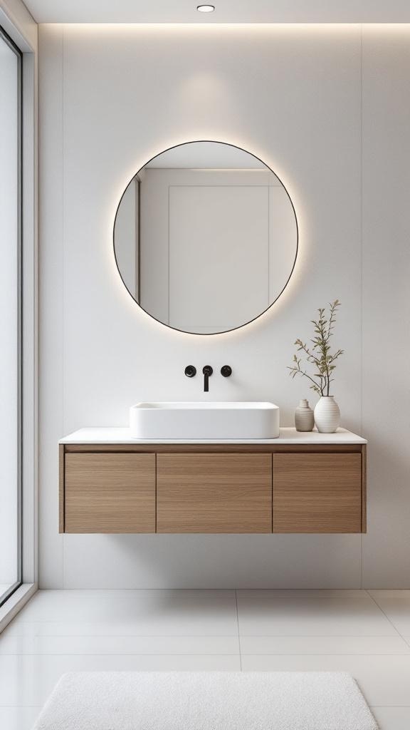 Minimalist bathroom featuring a sleek floating vanity with a white basin and wooden finish, complemented by a round illuminated mirror.