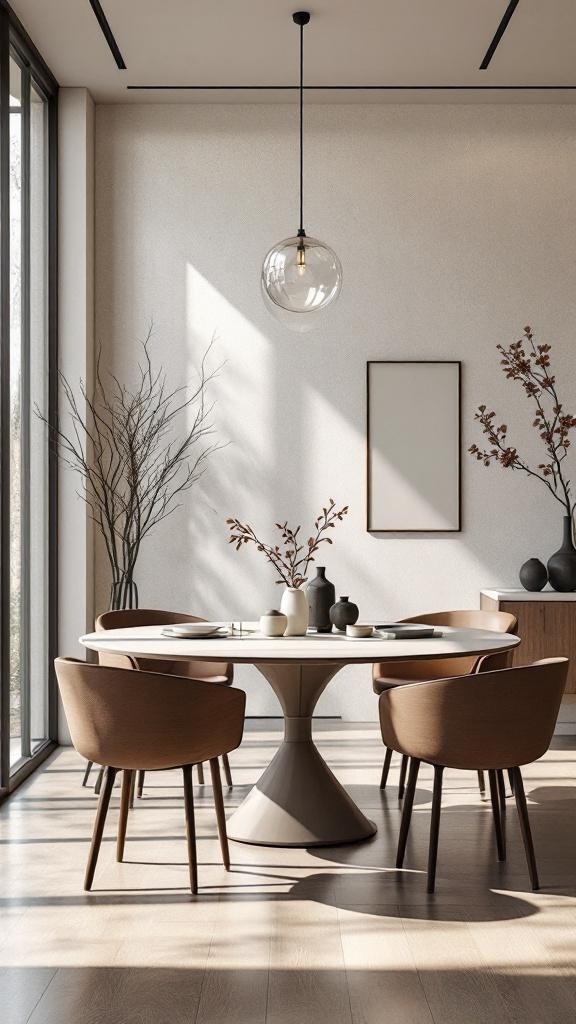 A modern dining room featuring a round table, wooden chairs, and neutral tones with natural light.