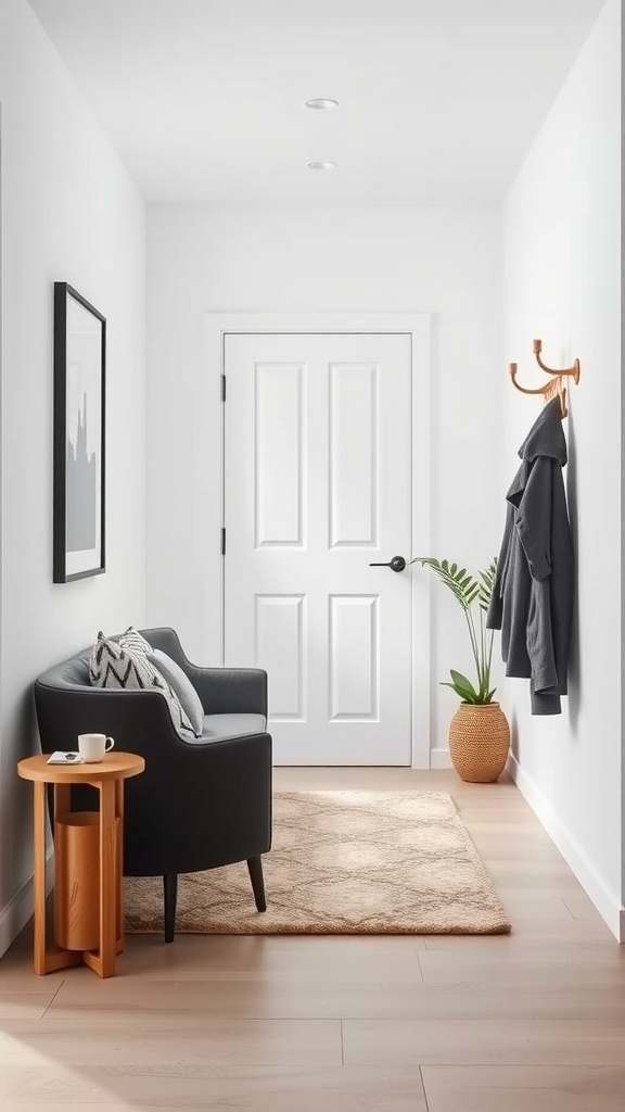 A modern entryway featuring a minimalist design with a door, coat rack, and potted plants.