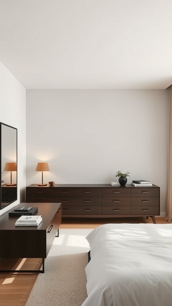A minimalist bedroom featuring sleek dark wood furniture, a large mirror, and soft lighting.