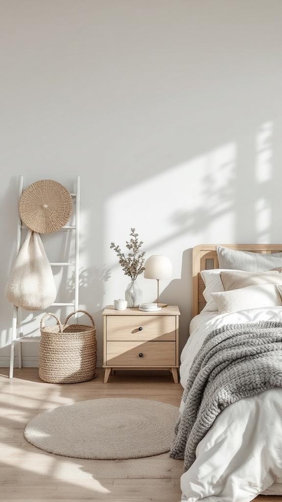 A sleek Scandinavian bedroom featuring a wooden bed, soft textures, and natural light.