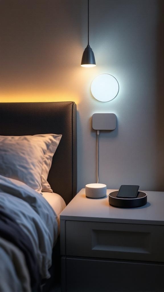 A modern male bedroom setup featuring smart lighting and a bedside charging station.