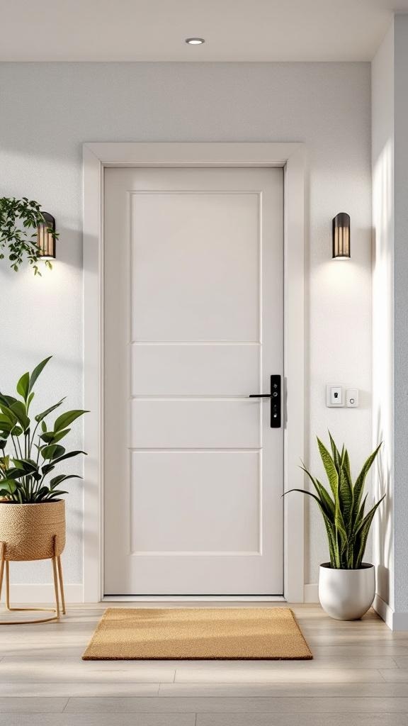 A modern entryway featuring a sleek white door, stylish wall lights, and indoor plants.