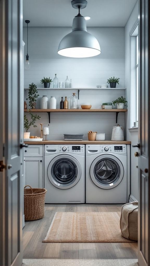 Bright and stylish Mudroom Laundry Room with modern lighting and organized shelves