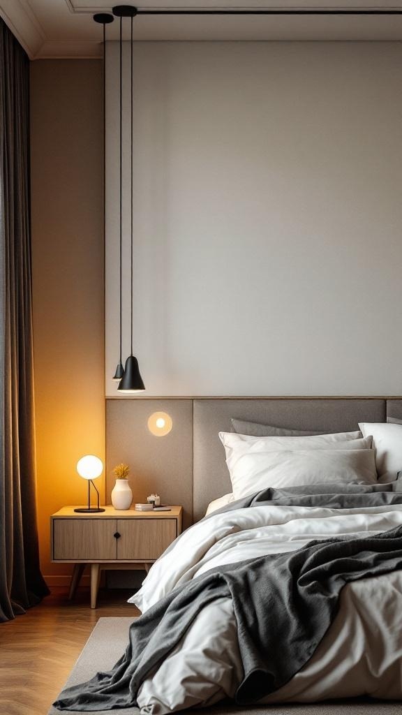 A contemporary bedroom featuring stylish lighting solutions, including pendant lights and a bedside lamp.