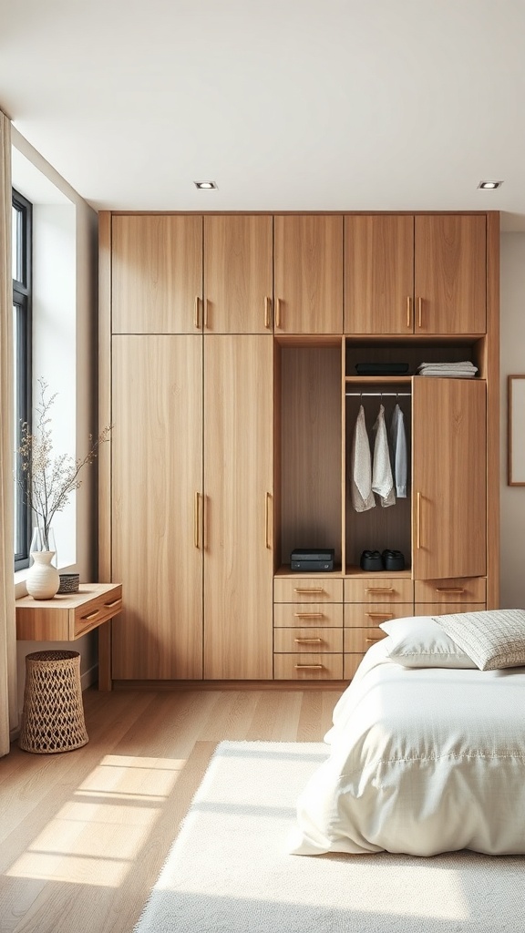 Minimalist bedroom with wooden wardrobe and bedside table