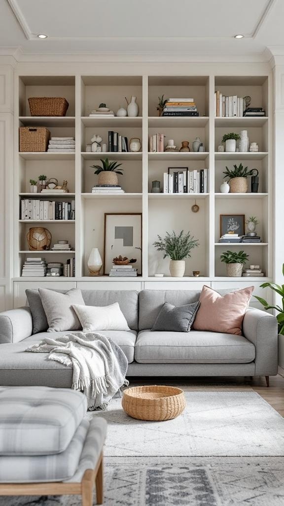 A stylish living room featuring a grey couch, organized shelving, and smart storage solutions.
