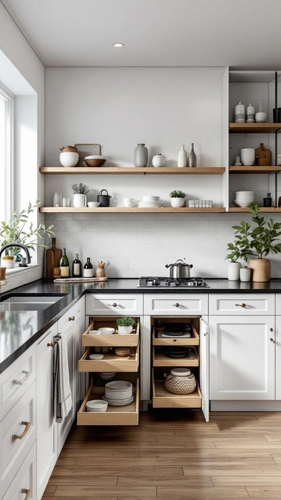 Stylish kitchen featuring black countertops, white cabinets, and smart storage solutions with open shelving.