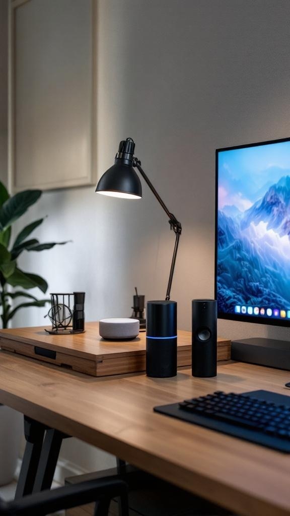 A modern home office setup featuring a computer monitor, smart speakers, and a stylish lamp on a wooden desk.