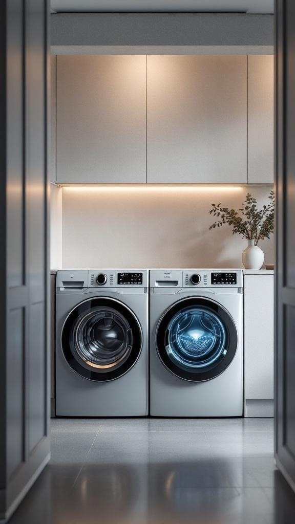 A modern laundry room featuring two high-tech washing machines with a sleek design and soft lighting.
