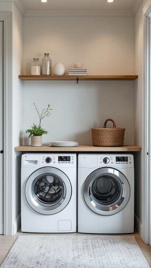 A small laundry room featuring two washing machines in a corner, with a wooden shelf above holding decorative items and a plant.