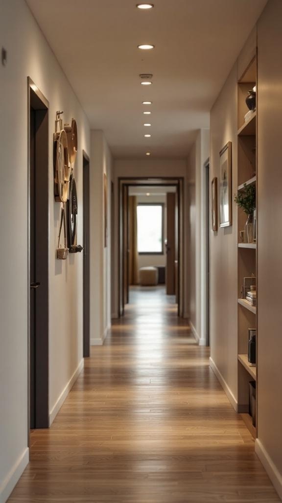 A modern hallway with built-in shelving and recessed lighting.
