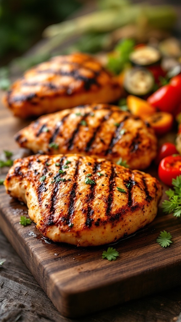 Grilled smoky paprika chicken breasts garnished with herbs
