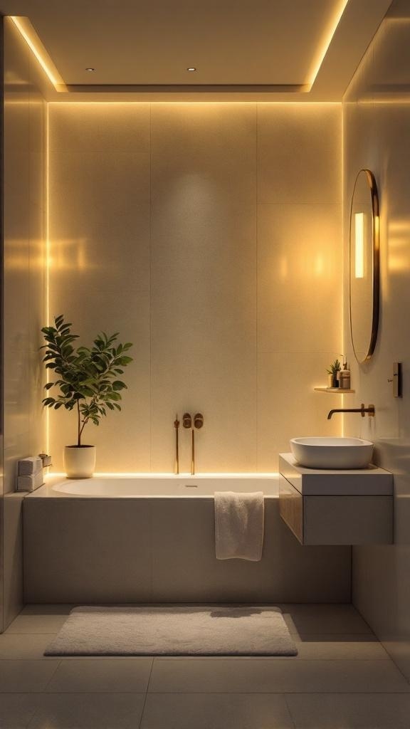 A minimalist bathroom featuring soft ambient lighting, a bathtub, and plants.