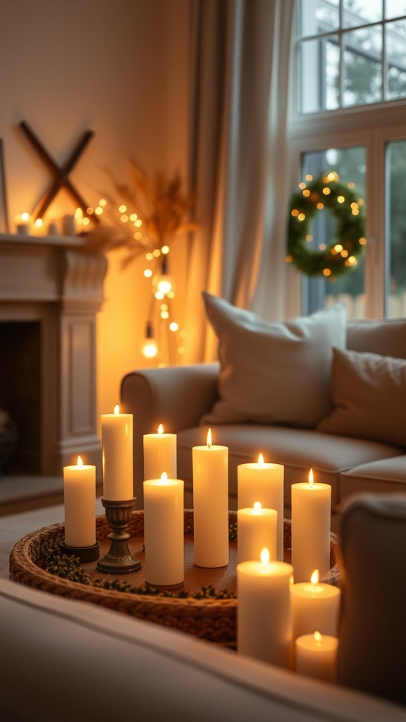 Cozy English cottage living room with candles providing soft lighting