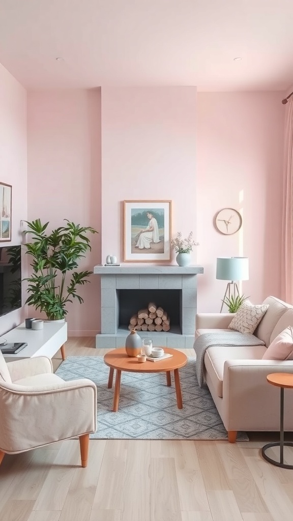 A cozy living room with soft pastel pink walls, light furniture, and greenery.