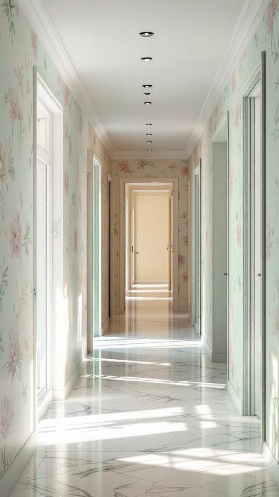 A hallway with soft pastel wallpaper in pink, blue, and mint colors, creating a calming effect.