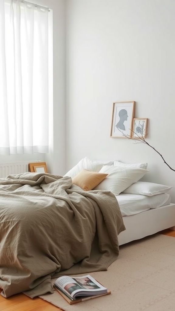 A minimalist bedroom featuring soft textiles, a layered bed with neutral bedding, and natural light from a window.