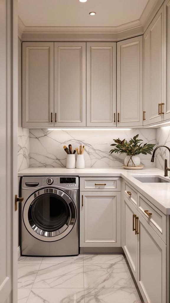 A sophisticated laundry room featuring modern cabinetry, a stainless steel washer, and a marble backsplash.