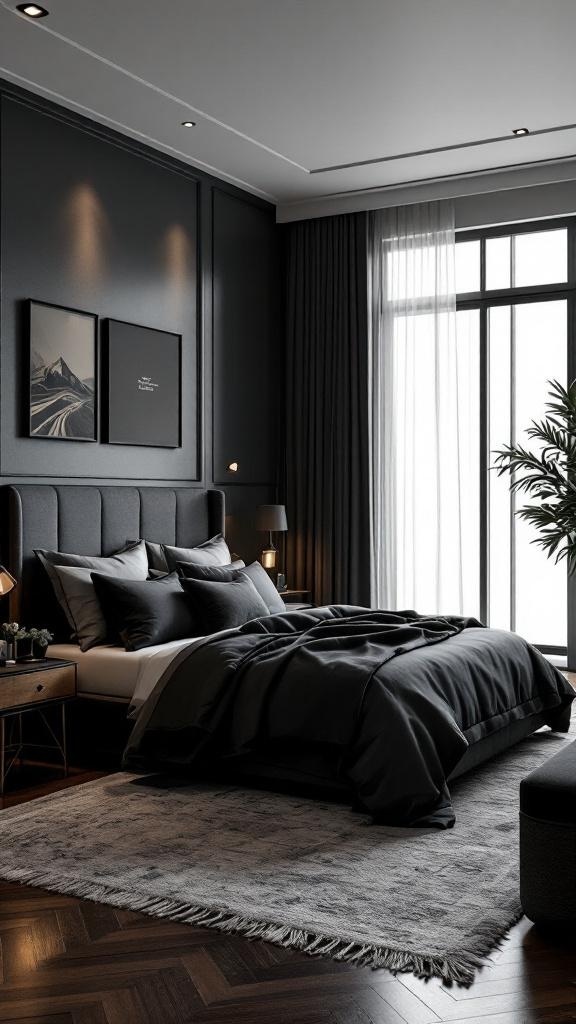 A modern male bedroom featuring dark colors, plush bedding, and stylish decor.