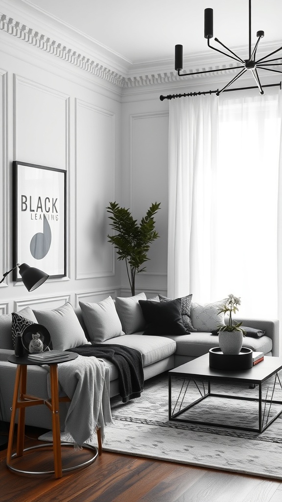 A modern living room featuring a grey couch, black and white pillows, a round ottoman, and a black coffee table, with a plant and natural light.