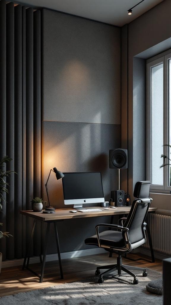 A modern home office with sound-absorbing panels, a computer, and a stylish chair.