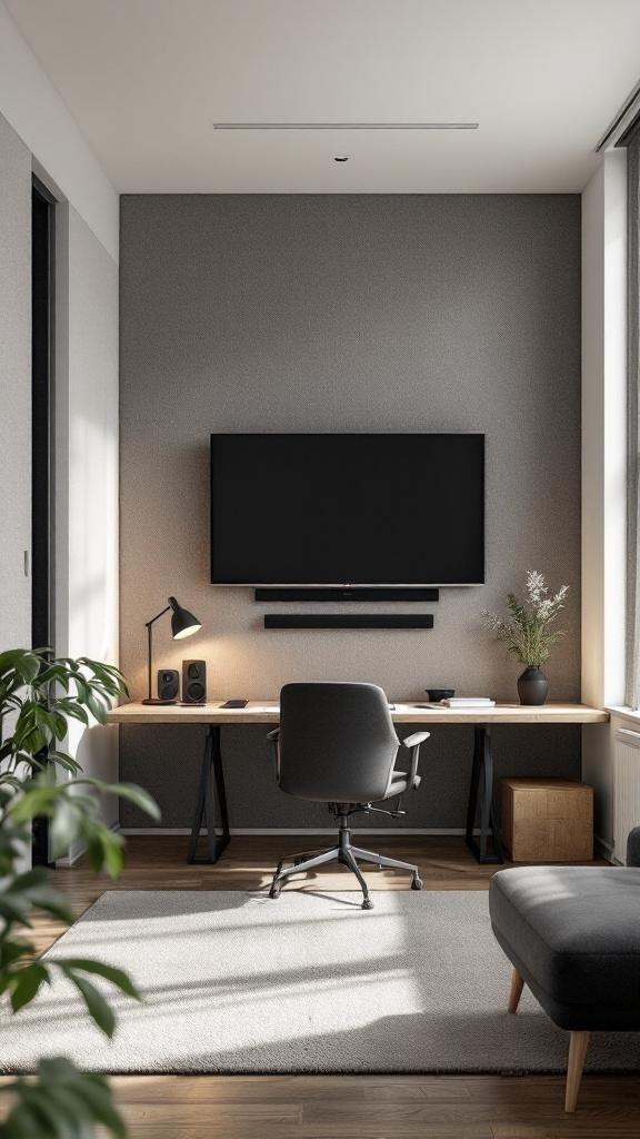 A modern home office tv room combo featuring a desk, chair, TV, and plants in a quiet setting.