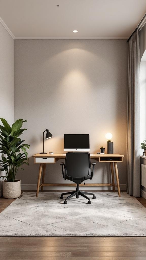 A minimalistic work from home office setup featuring a desk, chair, computer, and plants.
