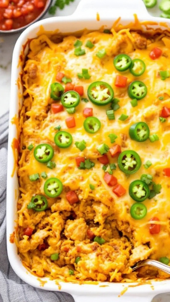 Southwest Chicken Casserole with cheese, jalapeños, and toppings.