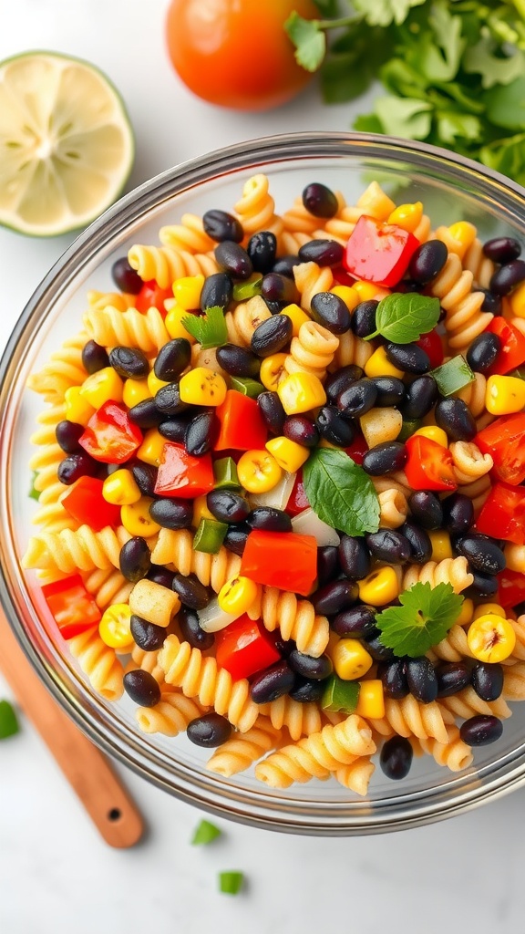 A bowl of Southwestern Black Bean Pasta Salad with rotini pasta, black beans, corn, and colorful vegetables.